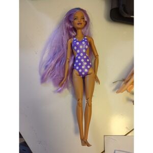 Mattel Barbie Made To Move Lavender Hair Doll Polka Dot Swimwear. Pre-owned.